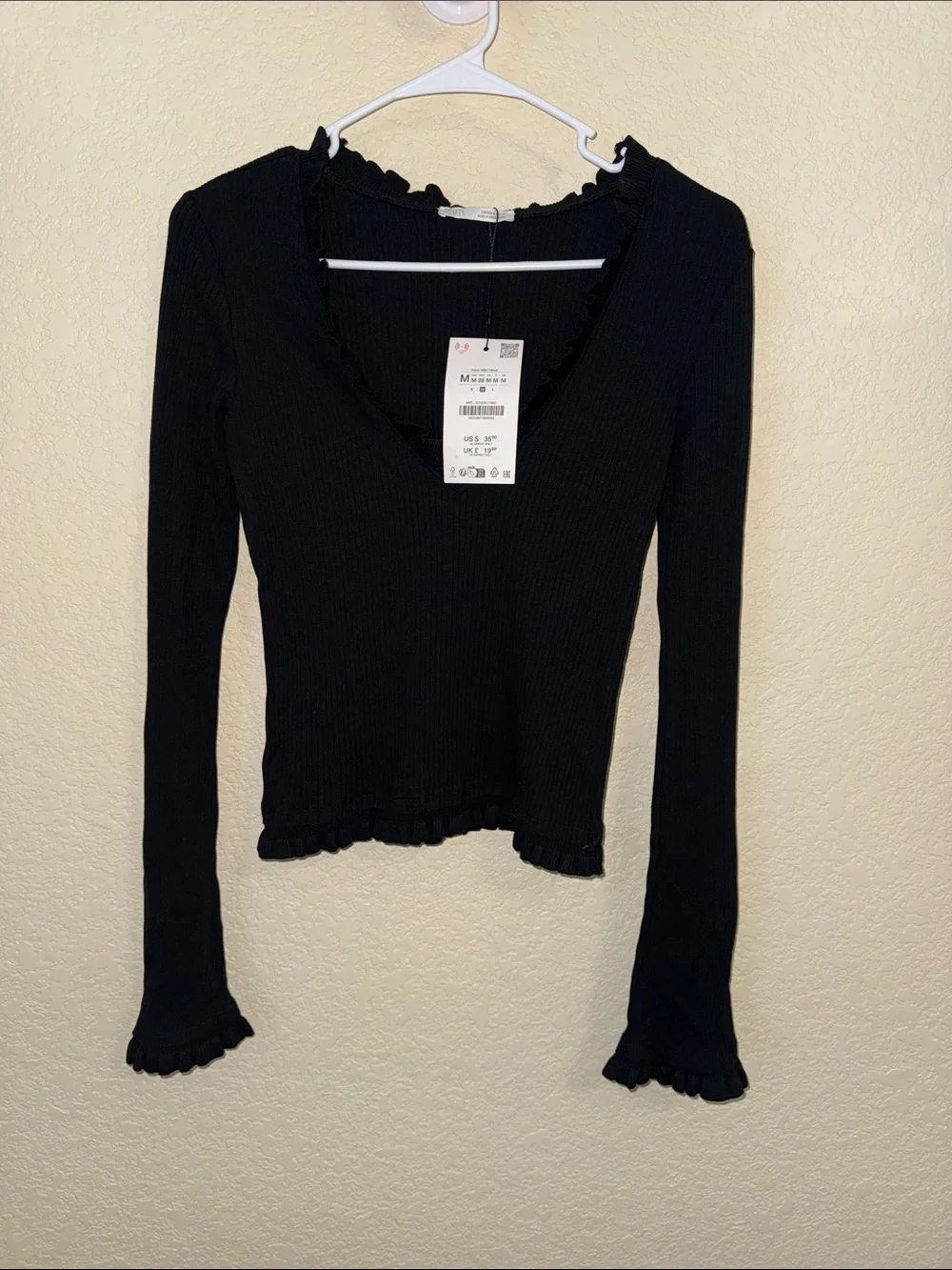 ZARA Black Ribbed Ruffle Trim V Neck Long Sleeve Top M NWT Cottagecore